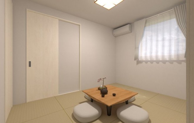 【和室】リビングとホールの両方からアクセスできる、回遊性のある和室。来客時の客間としてはもちろん、普段はリビングと一体で使えるため、空間に広がりをもたらします。※画像はイメージパースです