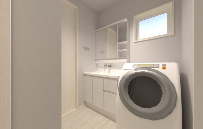 【洗面脱衣室】回遊動線が魅力の洗面脱衣室。廊下とパントリーから出入り可能で、家事や移動がスムーズに。三面鏡付き洗面台と可動棚を備えたオープン収納で収納力も充実。※画像はイメージパースです