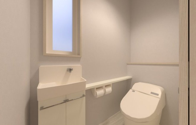 【1Fトイレ】採光窓付きの明るい1階トイレ。独立手洗いカウンターを設置し、使いやすさに配慮しました。シンプルで清潔感のある内装で、毎日快適にお使いいただけます。※画像はイメージパースです
