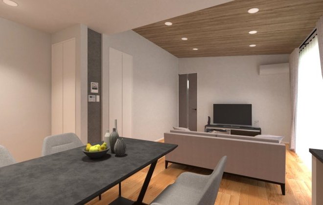 【リビングダイニング】勾配天井×木目天井が魅力のリビングダイニング。20帖以上の広々LDKは、平屋住宅に人気の開放的な間取り設計。大きな窓から自然光が差し込み、明るく心地よい住空間に。※画像はイメージパースです