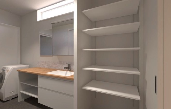 【洗面脱衣室】横幅1,680mmの洗面台と可動棚収納を備えた、広々とした洗面脱衣室。室内干し対応のランドリールームとして使える設計で、人気の家事動線を実現。※画像はイメージパースです