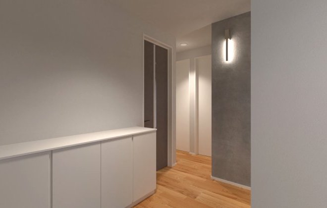 【玄関ホール】木目のフローリングとグレーのアクセントクロスが上質な印象を演出する玄関ホール。空間を彩る照明が、帰宅時にやさしく迎えてくれる落ち着いた雰囲気を演出。※画像はイメージパースです