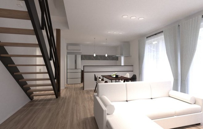 【LDK】対面キッチンからはリビングやダイニングを見渡せるため、家事をしながら家族との時間も楽しめるLDK。※画像はイメージパースです