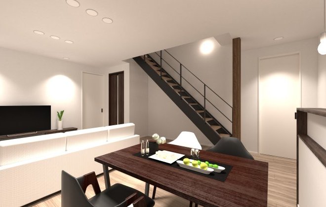 【リビングダイニング】スケルトン階段が空間のアクセントとなる、スタイリッシュで開放的な空間。※画像はイメージパースです