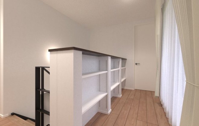 【2階ホール】2階廊下に棚付き収納を設け、家族共有の物や日用品などをすっきり納められる便利なスペース。※画像はイメージパースです