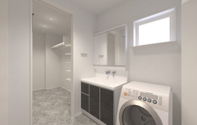 【洗面脱衣室・1階クローゼット】洗面脱衣室とクローゼットが直結した間取りで、毎日の家事動線をスムーズに！クローゼットにはハンガーパイプと可動棚を備え、衣類やタオル類もたっぷり収納可能。※画像はイメージパースです