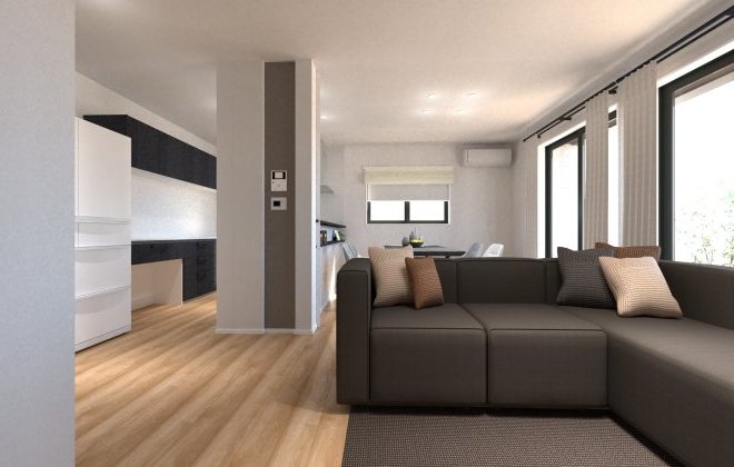 【LDK】L字型に広がるLDKは、リビングとダイニングの空間をゆるやかに分けながら、家族が心地よく過ごせる間取りです。南側のテラス窓からは明るい光がたっぷりと差し込みます。※画像はイメージパースです