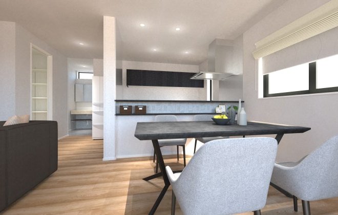 【ダイニングキッチン】対面キッチンからリビングやダイニングを見渡せる開放的なレイアウトで、家族とのコミュニケーションも取りやすい空間です。※画像はイメージパースです