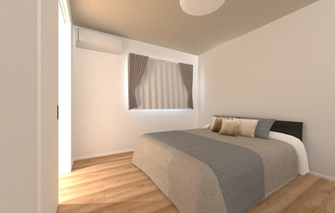 【寝室】玄関近くに配置した7帖の寝室。大容量のウォークインクローゼットを備え、外出や帰宅時の動線にも配慮した使い勝手の良い空間です。※画像はイメージパースです