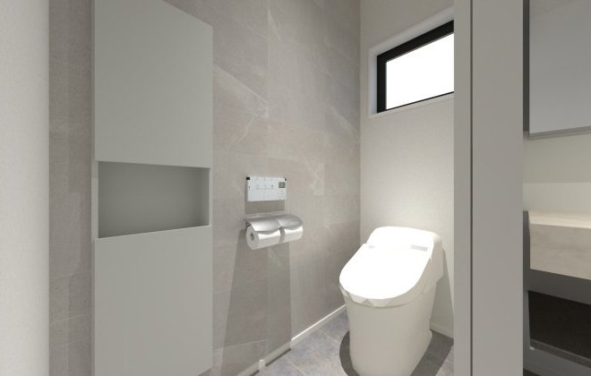 【トイレ】グレーを基調としたシンプルで落ち着きのあるトイレ。隣に洗面コーナーを設けているため、トイレ内には手洗い器を設置せず、その分大きめの収納スペースを確保しました。※画像はイメージパースです