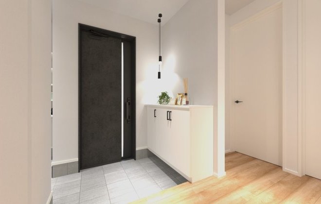 【玄関ホール】ブラックの玄関ドアが空間を引き締め、シンプルモダンな印象の玄関ホール。ペンダントライトが玄関をやさしく照らし、おしゃれで上質なエントランス空間を演出します。※画像はイメージパースです