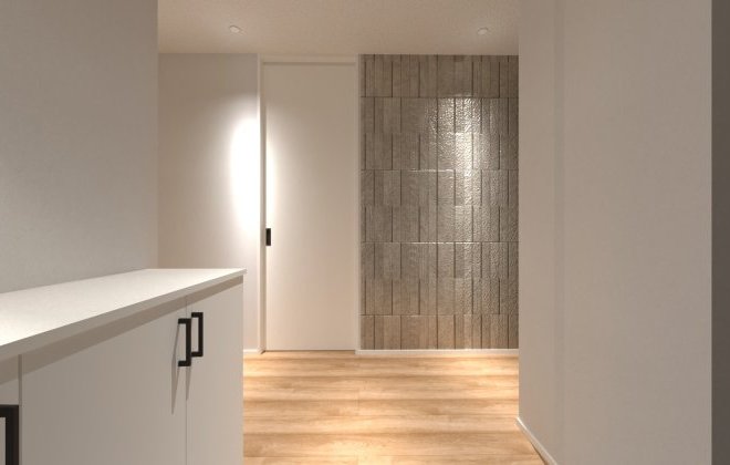 【玄関ホール】玄関を入ってすぐの壁面には、エコカラットを採用。空間に高級感のあるアクセントを加えるとともに、調湿や脱臭効果も期待でき、玄関を快適で心地よい空間に整えてくれます。※画像はイメージパースです