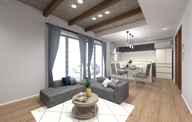 【LDK】18帖を確保したLDKは、折り上げ天井と化粧梁を取り入れた開放感のあるリビング空間！天井に高さと奥行きを持たせることで、平屋でもゆとりを感じられる設計となっています。※画像はイメージパースです