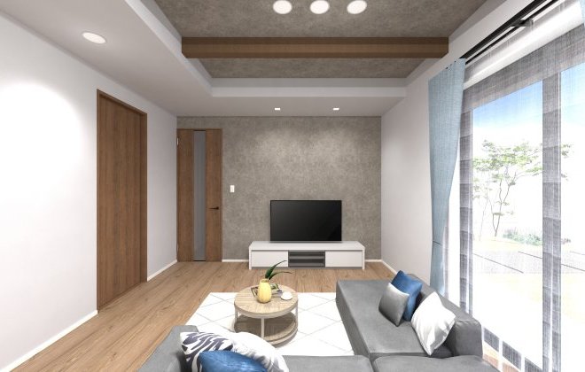 【リビング】大きな窓からやわらかな光が差し込む、開放感あふれるリビング。アクセントクロスが空間を引き締め、シンプルながらも上質な雰囲気に仕上げました。窓の外の景色を感じながらゆったりとくつろげる、心地よいリビングは、家族が自然と集まり、日常の時間を穏やかに過ごせるLDKです。※画像はイメージパースです