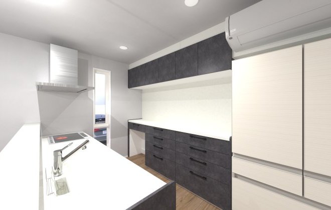 【キッチン】ダークトーンのキッチンがアクセントとなり、落ち着きのあるスタイリッシュな雰囲気に。大容量のカップボードには、食器や家電をすっきりと収納可能で、キッチン周りをきれいに保てます。※画像はイメージパースです