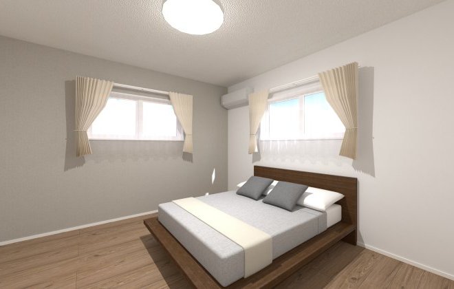 【寝室】8帖の寝室には、大容量収納ができるウォークインクローゼットを完備。使い勝手の良い収納計画を取り入れた寝室は人気の間取りです。※画像はイメージパースです