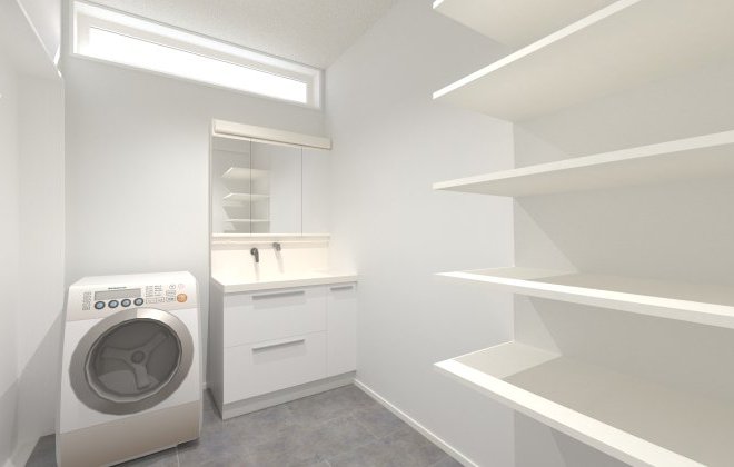 【洗面脱衣室】洗面脱衣室には大容量の収納が可能な可動棚を設け、タオルや日用品をすっきり整理可能。LDKとワンクッション置くことで生活空間を分け、プライバシーにも配慮した間取りです。※画像はイメージパースです