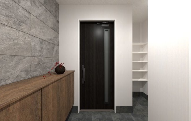 【玄関ホール】アクセントウォールが上質な雰囲気を演出し、住まいの第一印象を高めています。玄関横には土間収納を設け、靴はもちろん、アウトドア用品やベビーカー等もすっきり収納可能。※画像はイメージパースです