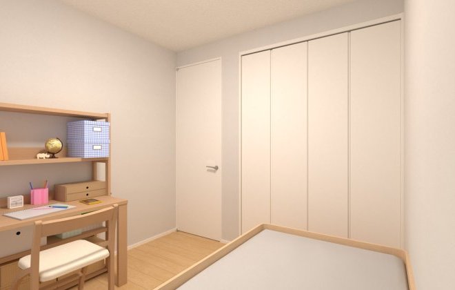 【洋室】リビングと隣接した4.5帖の子ども部屋は、家族の気配を感じながら安心して過ごせる空間。クローゼット付きで収納力も備えた使いやすい洋室です。※画像はイメージパースです