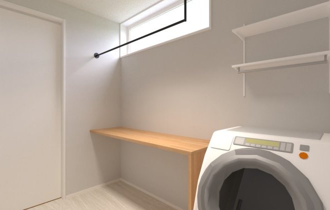 【脱衣室兼ランドリー】LDKから近く、ウォークインクローゼットとつながる家事ラク動線の脱衣室兼ランドリー室。可動棚やカウンター付きで、洗濯・収納が快適にこなせます。※画像はイメージパースです