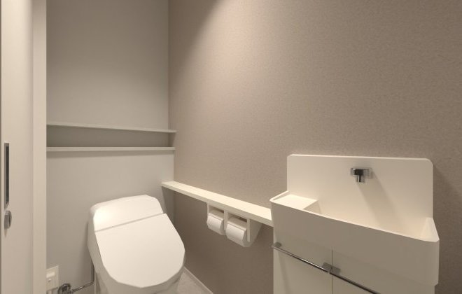 【トイレ】背面にニッチ収納を設けたトイレは、トイレットペーパーや小物をすっきり収納できる使い勝手の良い空間。見た目もすっきりと整い、収納力とデザイン性を兼ね備えたおしゃれな空間。※画像はイメージパースです