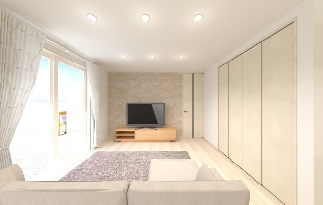 【リビング】大きな窓からやさしい光が広がる、開放感あふれるリビング。石目調のアクセントクロスが映える、落ち着きと上質感を兼ね備えた空間です。※画像はイメージパースです