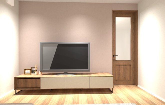 【リビング】テレビ背面には、くすみ感がおしゃれなダスティピンクのアクセントクロスを採用。ショコラブラウンの建具との組み合わせが、かわいらしさの中にも大人っぽさを感じられます。※画像はイメージパースです