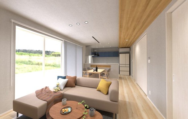 【LDK】木目の下がり天井が空間にアクセントを添え、奥行きのあるLDKを演出。4枚引き違い窓から光をたっぷり取り込み、毎日を明るく快適に過ごせる住まいです。※画像はイメージパースです