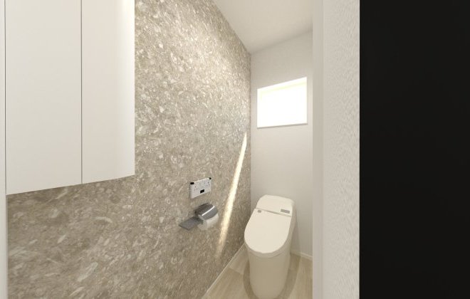 【トイレ】採光窓付きで明るいトイレ。収納も備え、トイレットペーパーやストック品もすっきり整理できます。※画像はイメージパースです