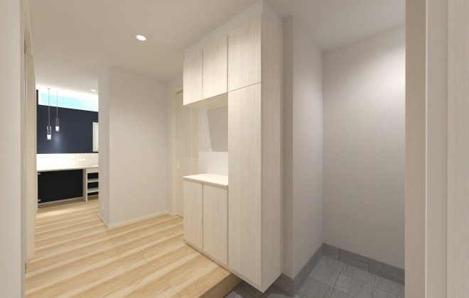 【玄関ホール】ゆとりある玄関ホール。玄関収納と土間収納で、靴や外出用品をたっぷり収納できます。奥の洗面コーナーで、帰宅後すぐに手洗いが可能。機能的で清潔感のある空間です。※画像はイメージパースです