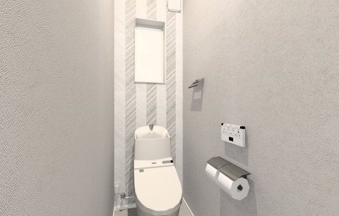 【2階トイレ】アクセントクロスを取り入れ、落ち着きの中にも個性を感じるトイレに仕上げました。※画像はイメージパースです