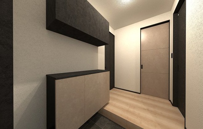 【玄関ホール】玄関収納を備えた、すっきりとした玄関ホール。収納力を確保しながら、色や素材にもこだわったスタイリッシュな空間です。※画像はイメージパースです